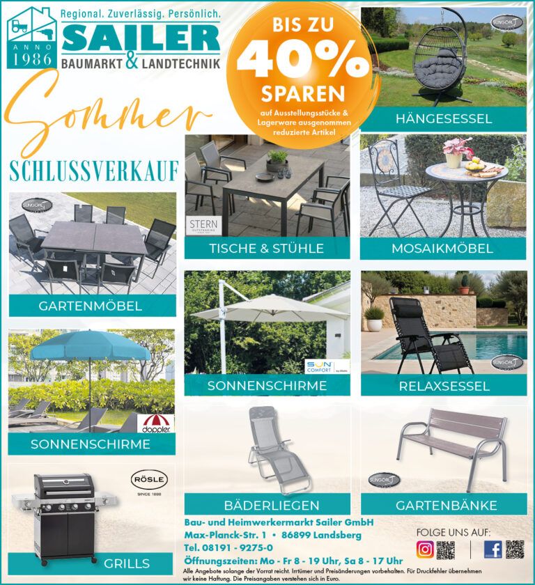 Sailer Baumarkt Landsberg am Lech Angebote SSV Gartenmöbel Grill Sonnenschirme Gartenbank